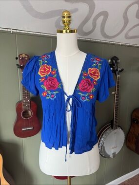 Embroidered Tie-Front Cropped Overlay Top